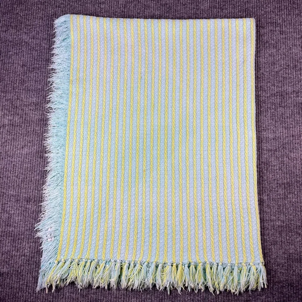 Vtg Blanket Blue Yellow Fringe Tassels Unisex Cotton‎ Cable Knit Throw
